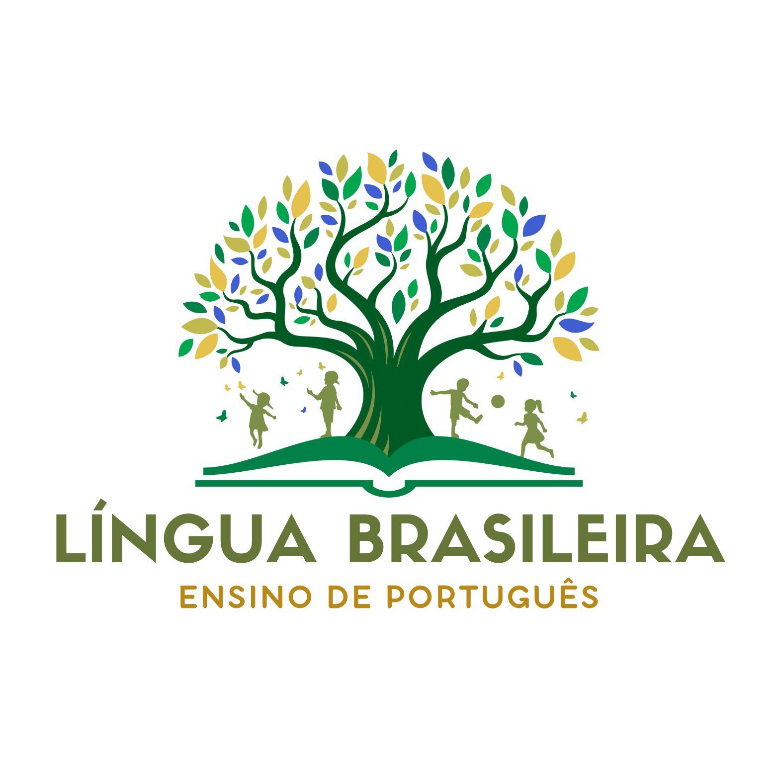 Ilustração de uma árvore com crianças brincando ao redor, símbolo da Língua Brasileira